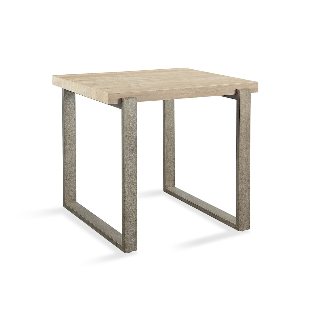 24 Inch Side End Table, Stone Tabletop, Metal Sled Base, Bronze