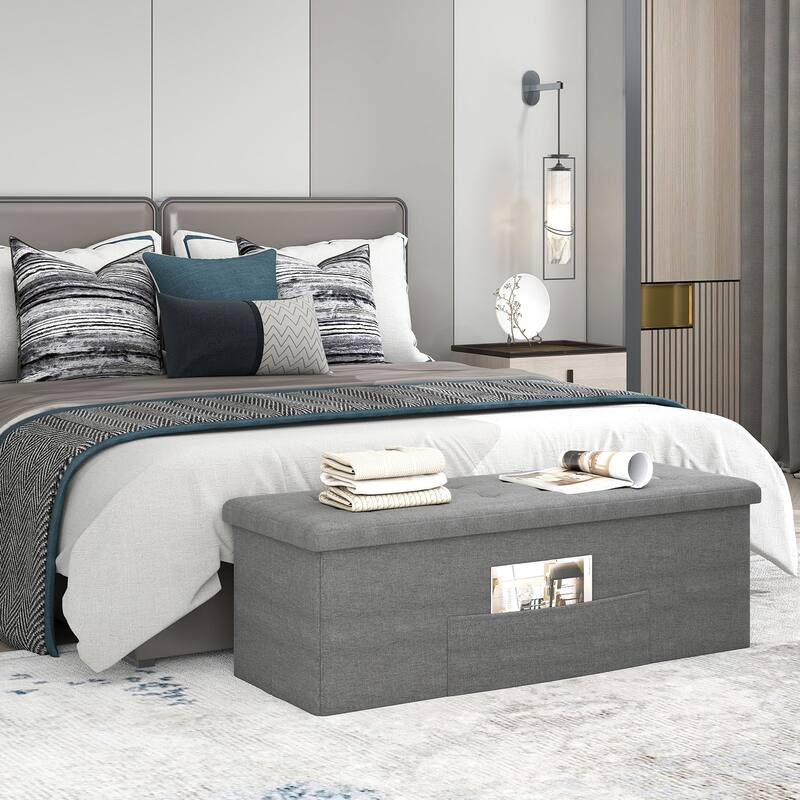Large 38 Gallon Linen Fabric Storage Ottoman Bench Folding Multipurpose Footrest and Seat with Foam Cushion - 43" × 15" × 15"