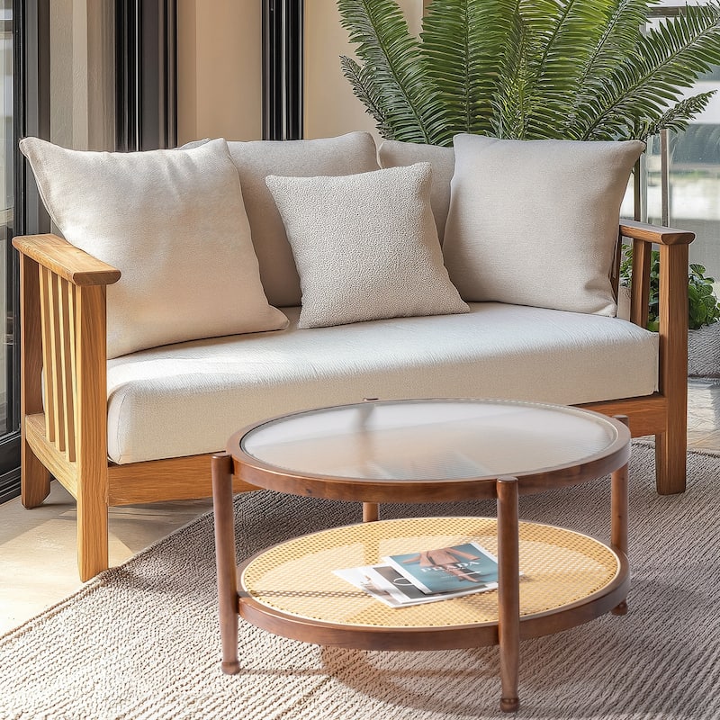 31.5in Rattan Coffee Table with Tempered Glass Top and Hand-Woven Shelf for Indoor Outdoor - 31.5” x 31.5” x 17.3”