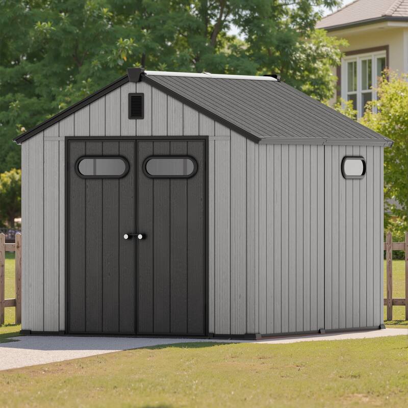 8' x 8' / 8' x 10'/ 8' x 12' Outdoor Resin Storage Shed with Floor & Lockable Doors All-Weather Garden Tool Storage for Patio - Light Grey - 8' x 10'