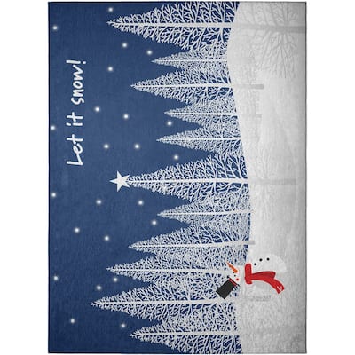 Indoor/ Outdoor Cozy Winter Blue Washable Let It Snowman Rug