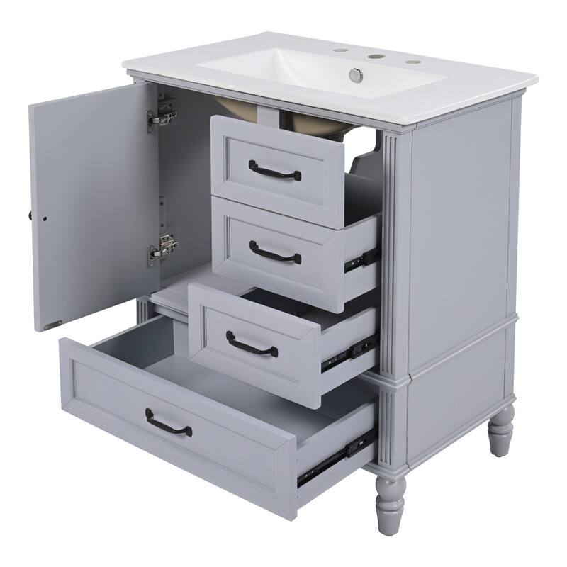 30" Bathroom Vanity with Ceramic Sink Combo, Freestanding Bathroom Vanity Cabinet with 1 Door and 3 Storage Drawers