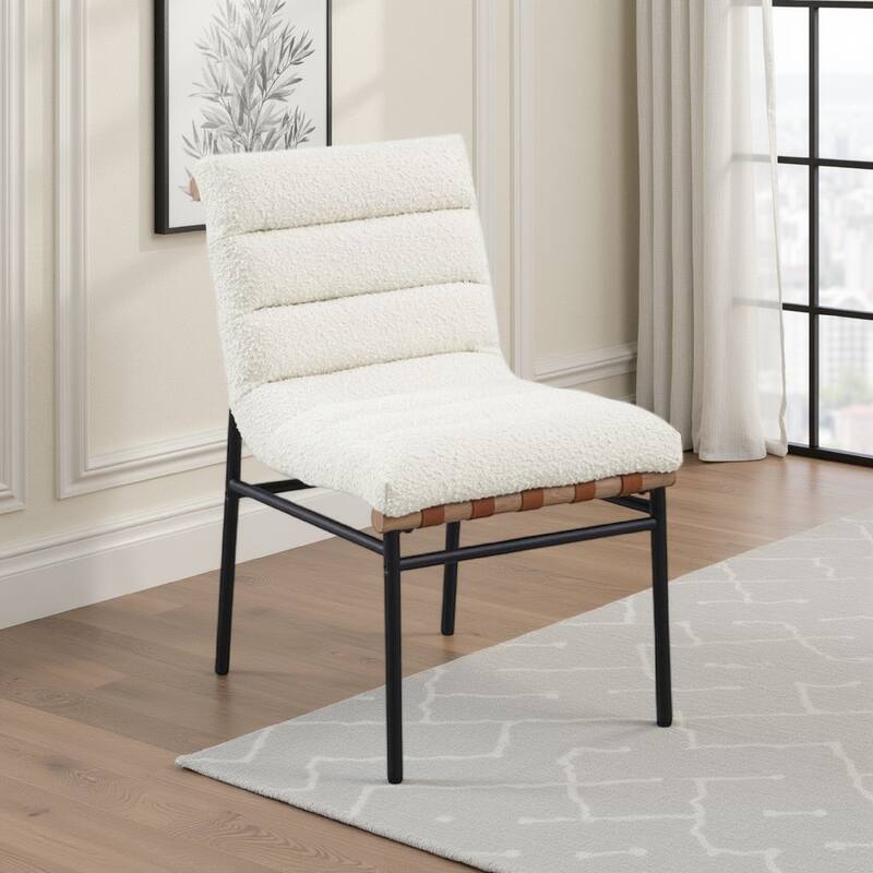 Kive Dining Chair Set of 2, Black Iron Legs, White Channel Tuft Boucle