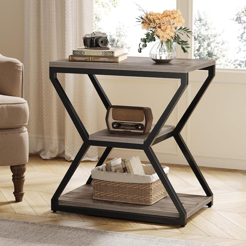 23.62 Inches Brown Wooden End Table, 3-Tier Industrial Rectangle Sofa Side Table for Living Room