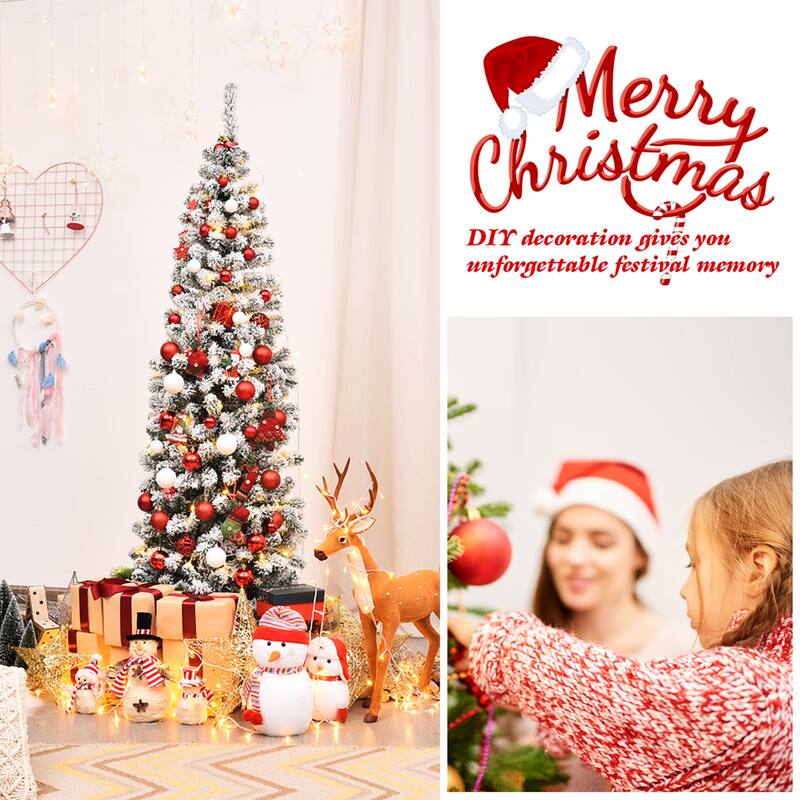 Gymax 6ft Snow Flocked Pencil Christmas Tree Artificial Pine Tree w/ - See Details