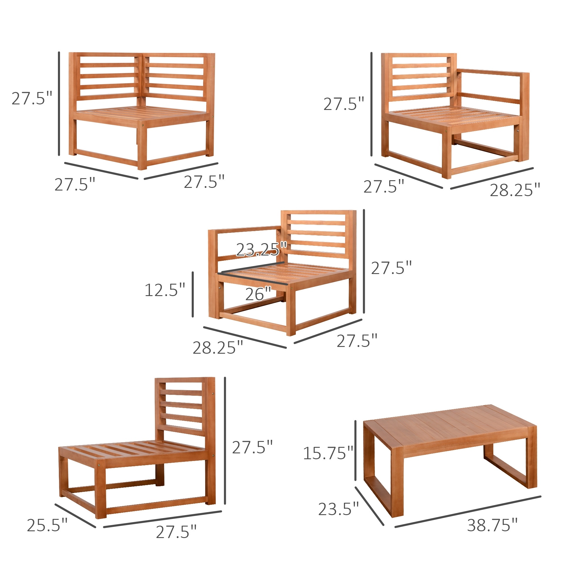 Outsunny 5 PCS L Shaped Patio Furniture Set, Wood Outdoor Sectional Sofa Conversation Set, Grey