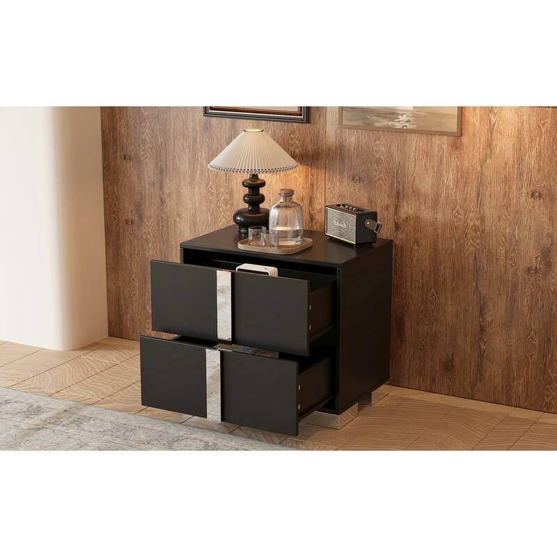 Elegant Mirrored 2-Drawer Nightstand with Metal Feet - Bedside Table for Bedroom/Living Room (Black)
