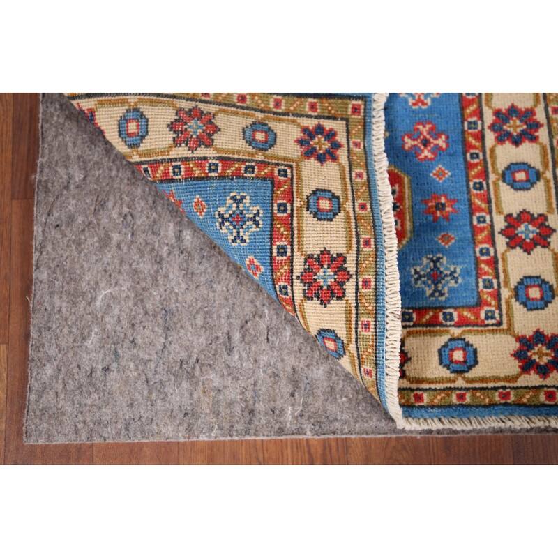 Blue Geometric Kazak Foyer Rug Hand-Knotted Wool Carpet - 2'0" x 2'11"