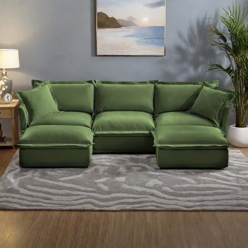 120" U-Shaped Chenille Sectional Sofa with 3-Seater and French Edge Pillows & Cloud Cushions - Green