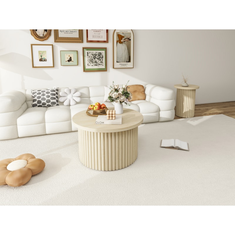 2-Piece, Modern Round Coffee Table Set with Wood-Grain Vertical Slat Legs and Foot pads, for Living Room