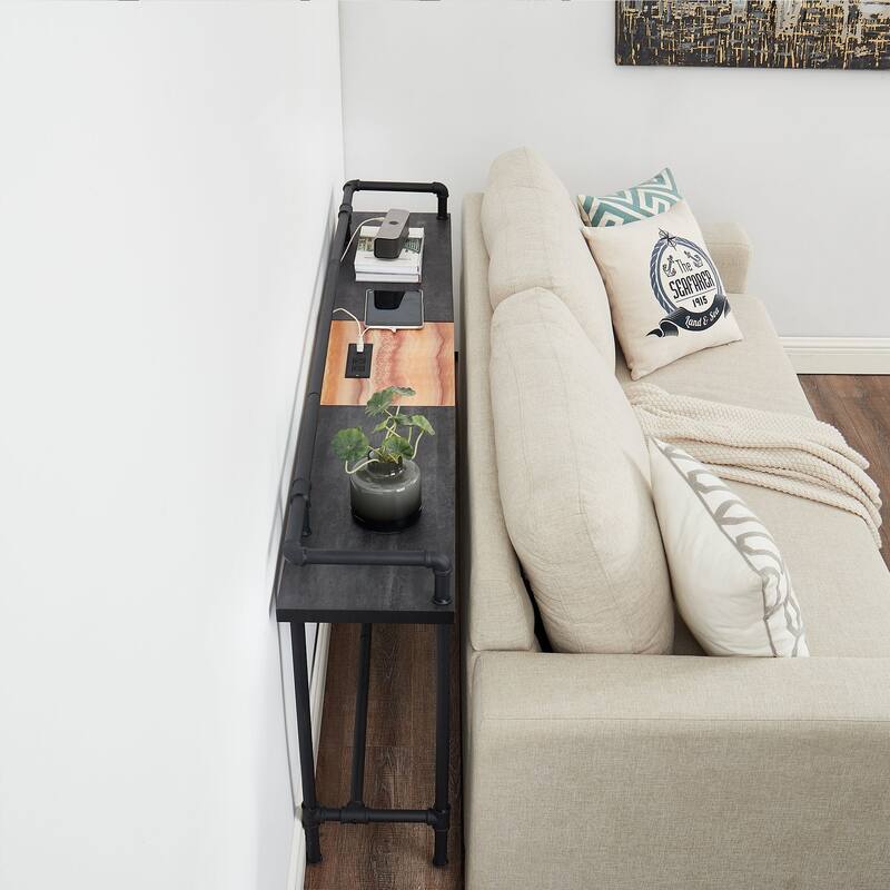 Mid Century Console Table with Power Outlet, Narrow Sofa Table, Sofa Couch Table with Charging Station USB Port