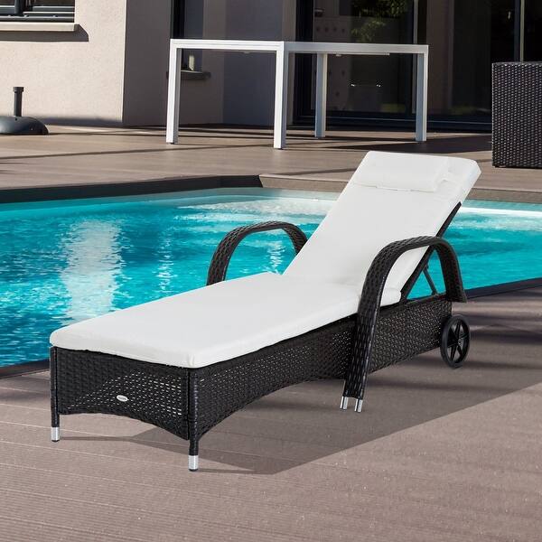 slide 1 of 8, Outsunny Outdoor Rattan Wicker Chaise Lounge Chair with Height Adjustable Backrest & Durable Material, Dark Coffee