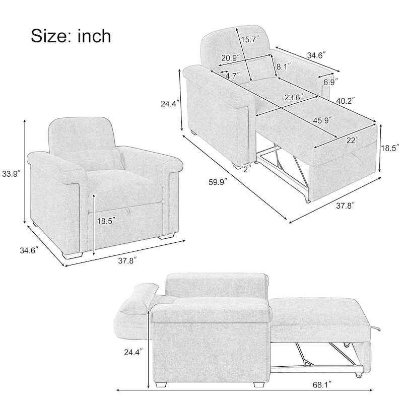Living Room Lounger Chair 3 in 1 Convertible Sleeper Chair with Pillow