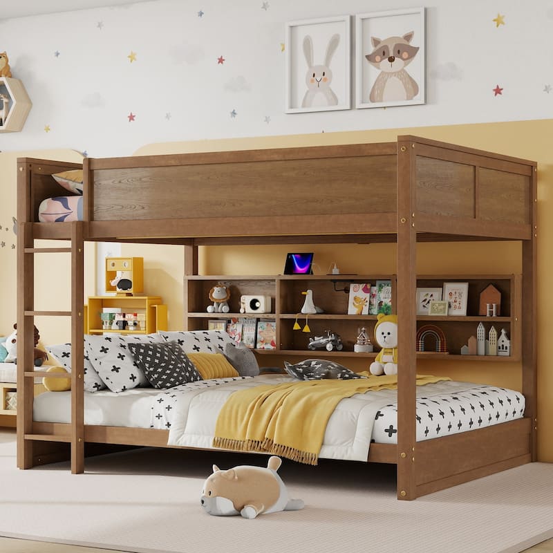 Queen Over Queen Bunk Bed with Storage Cabinets,Charging Station,Ladder,Safety Guardrails