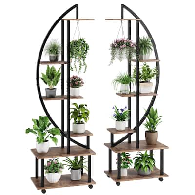 6 Tier Metal Plant Container Stand,Half Moon Shape Plant Stands With Detachable Wheels and Drawers