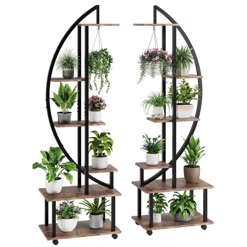 6 Tier Metal Plant Container Stand,Half Moon Shape Plant Stands With Detachable Wheels and Drawers