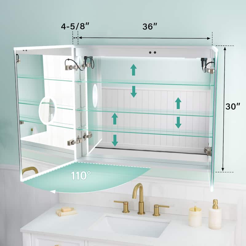 30'' H Recessed or Surface Frameless LED Mirror Cabinet With Defogger, Dimmer, Outlets & USB Ports 