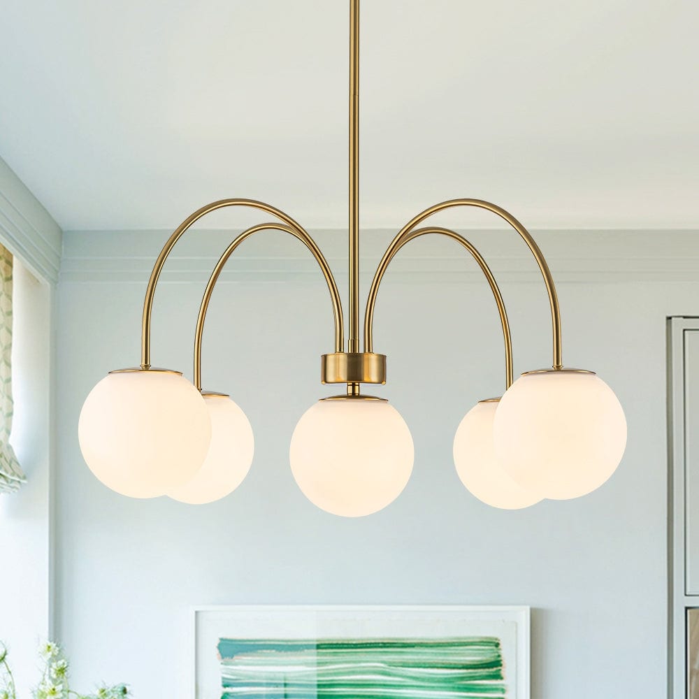 Modern 5-Light Curved Arm Opal Glass Globe Sputnik Chandelier 30in