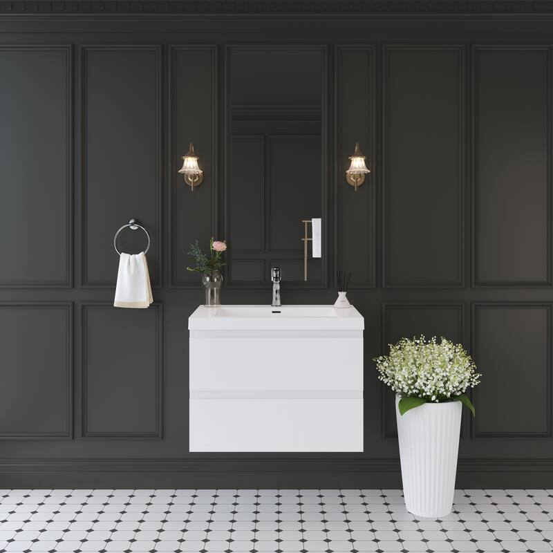 Modern Wall-Mounted Bathroom Vanity with White Solid Surface Top - 29.53'' x 19.69'' x 22.44'' - White