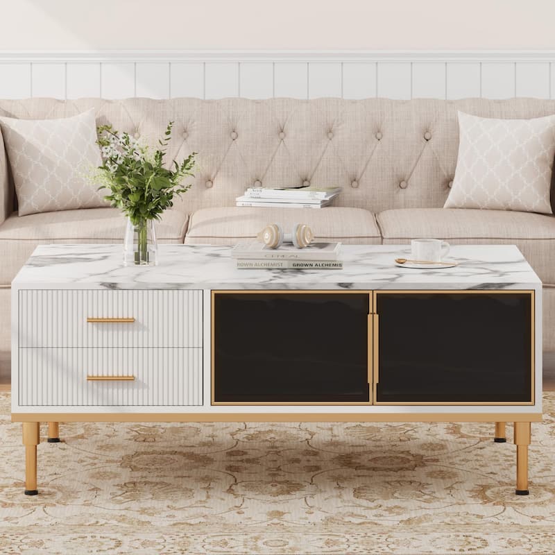 Minimalist Coffee Table with Faux Marble Surface, Glass Storage Doors - White