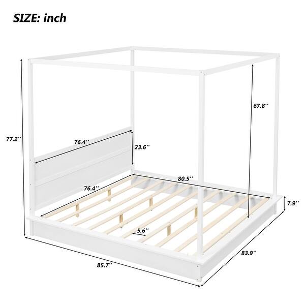 King Size Wood LED Canopy Bed with Headboard and Support Slats
