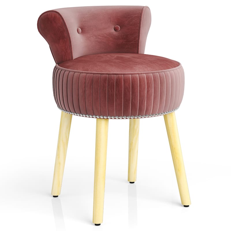 Gymax Velvet Vanity Chair w/ Back Tufted Low Back & Solid Wood Legs - Pink