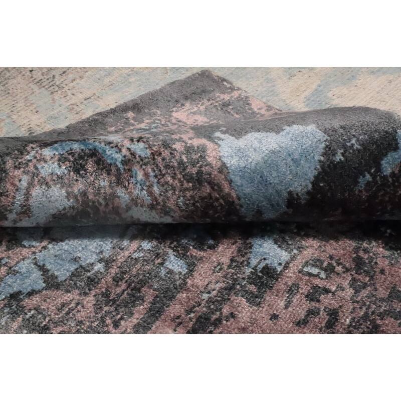 Hand Knotted Oriental Viscose Silk Carpet Modern Pictorial Navy Blue & Blues Abstract Area Rug - 6' 4'' X 4' 8''
