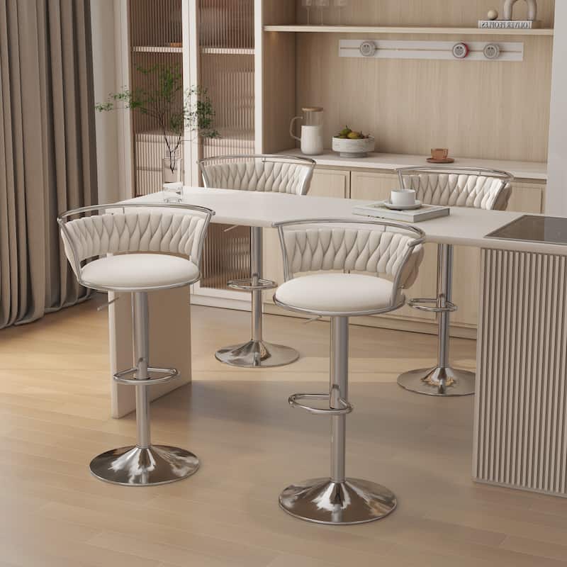 Modern Velvet 26" Adjustable Swivel Bar Stools (Set of 4) - Set of 4 - Ivory-Silver