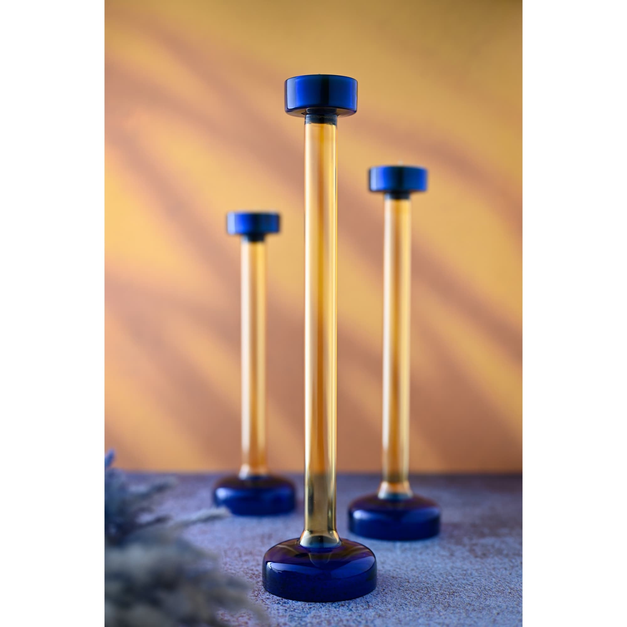 Medium Transparent Glass Tealight Candle Holder 11.25" Yellow and Blue