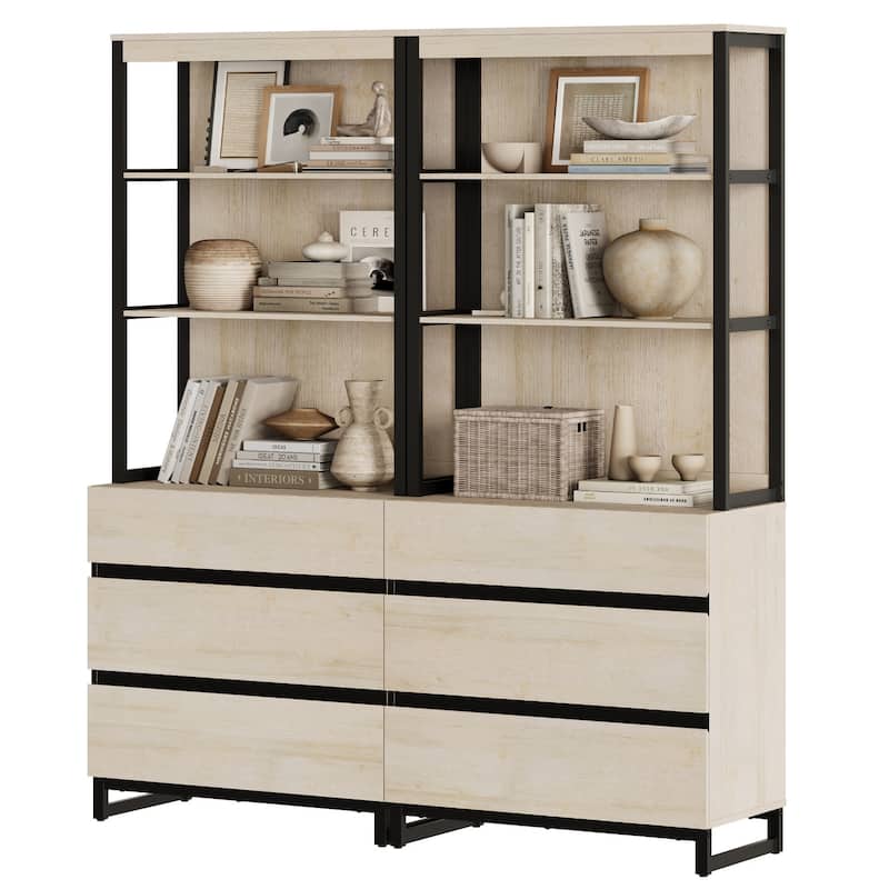 WAMPAT Modern 72" Tall Bookcase with Drawers and Open Book Shelfs, Library Book Shelf for Home Office, Living Room