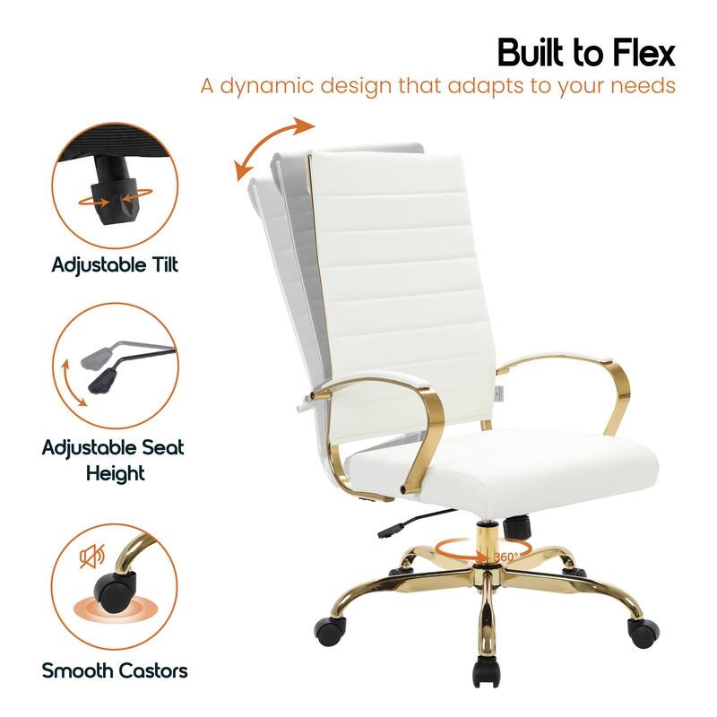 Benmar Ergonomic Ribbed Back Gold Frame Leather Executive Office Chair with Adjustable Height, Tilt, Swivel & Smooth Casters