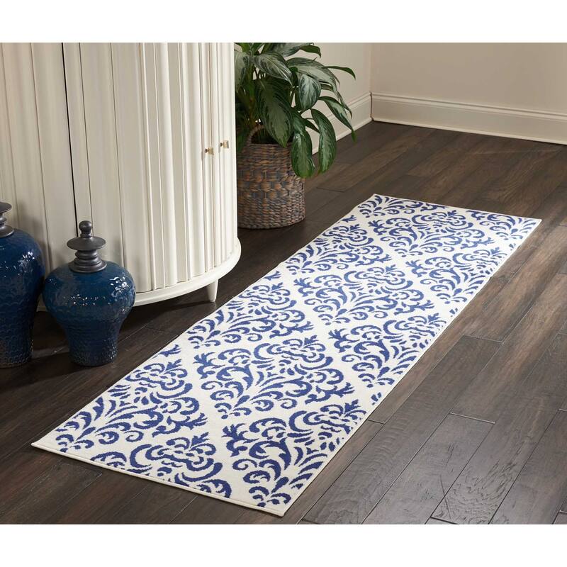 Nourison Grafix Geometric Persian Transitional Area Rug - 2' 3" x 7' 6" - White Blue - Runner/Rectangle