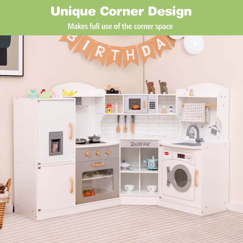 Corner Play Kitchen Toddler Kitchen Playset w/ Range Hood Ice Maker