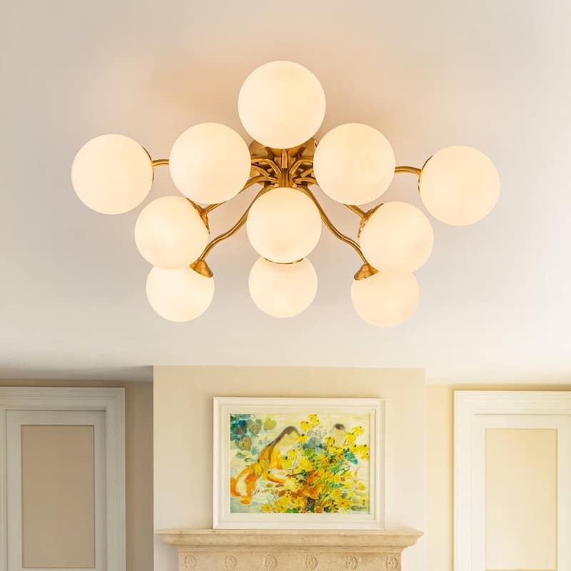 Milky Glass Globe Brass Sputnik Bubble Ceiling Light - 30in Chandelier - Brass/11-Bulb