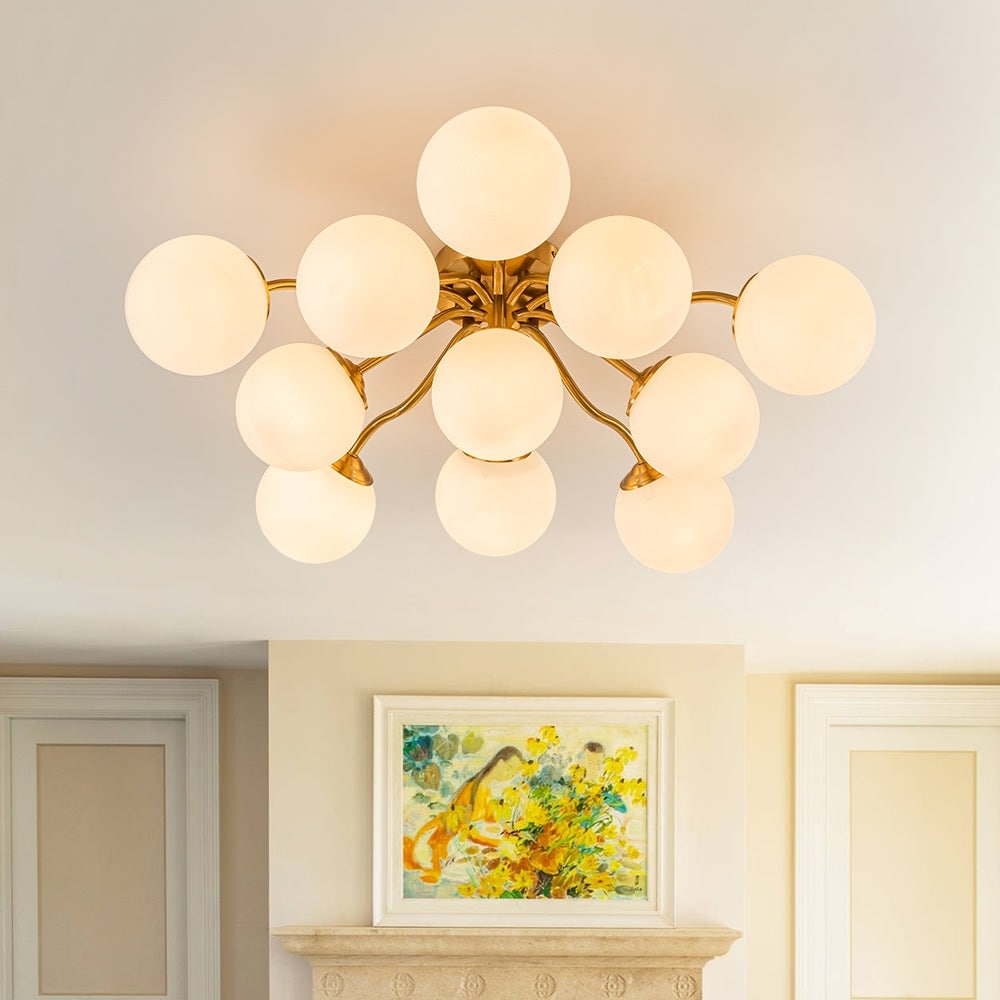 Milky Glass Globe Brass Sputnik Bubble Ceiling Light - 30in Chandelier