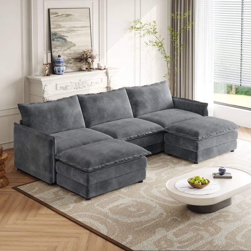 Corduroy Fabric 3-Seater Cloud Couch with 2 Movable Footrest,U Shaped Couch Set,Upholstered Deep Seat 2-Seat with 3 cushions