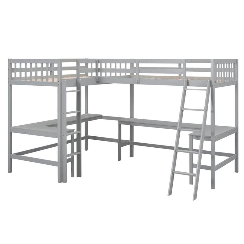Twin Size Wood L-Shaped Loft Bed with Ladder and 2 Built-in Desks