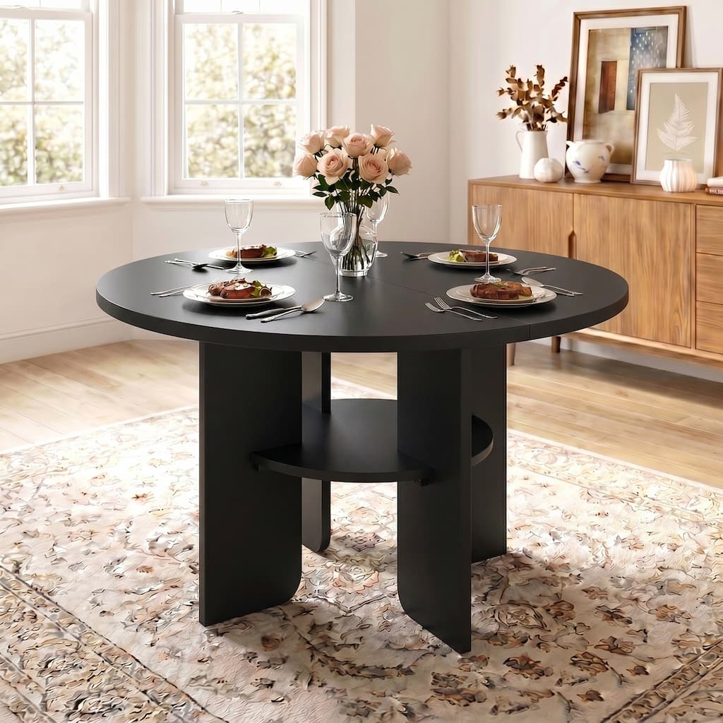 47" Round Wood Dining Table with Lower Storage Shelf, Modern 4-6 Person Farmhouse Kitchen Dinner Table