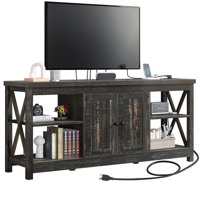 Moasis Farmhouse 59" TV Stand Entertainment Center with Storage Shelves for TVs up to 65-inch - Dark Oak