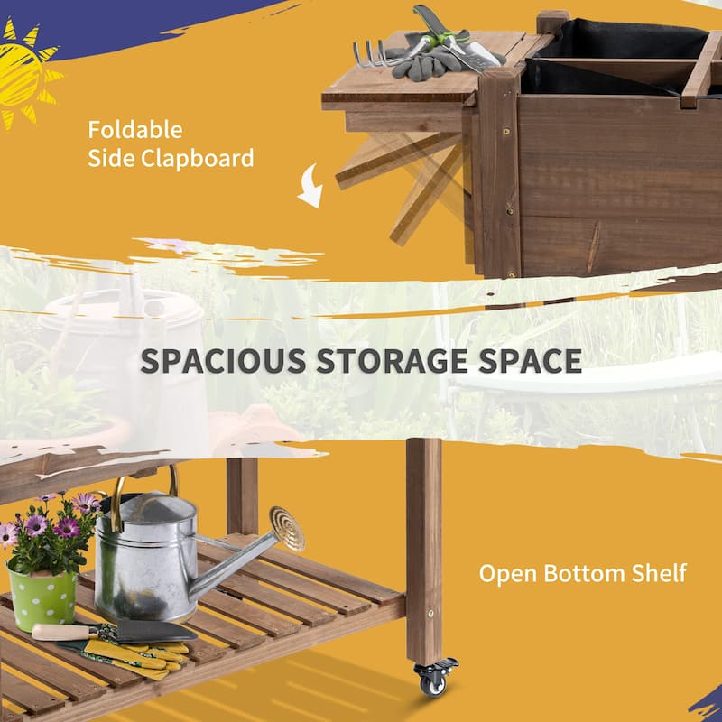 Outsunny 49'' x 21'' x 34'' Raised Garden Bed w/ 8 Grow Grids, Outdoor Wood Plant Stand w/ Storage Shelf and Lockable Wheels