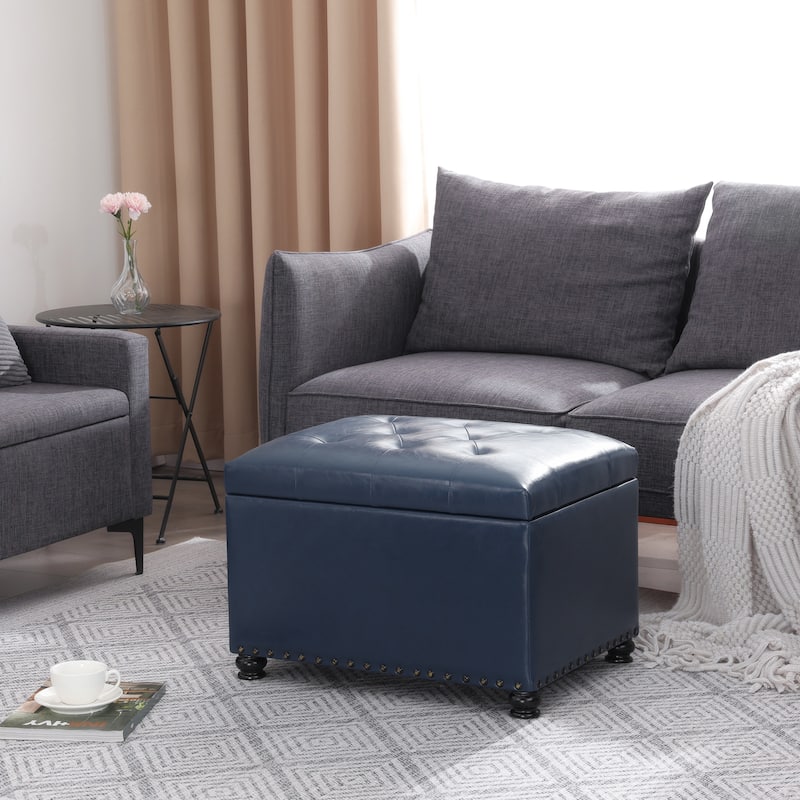 Adeco High End Classy Tufted Storage Ottoman Bench Footstool - Blue-Faux-Leather