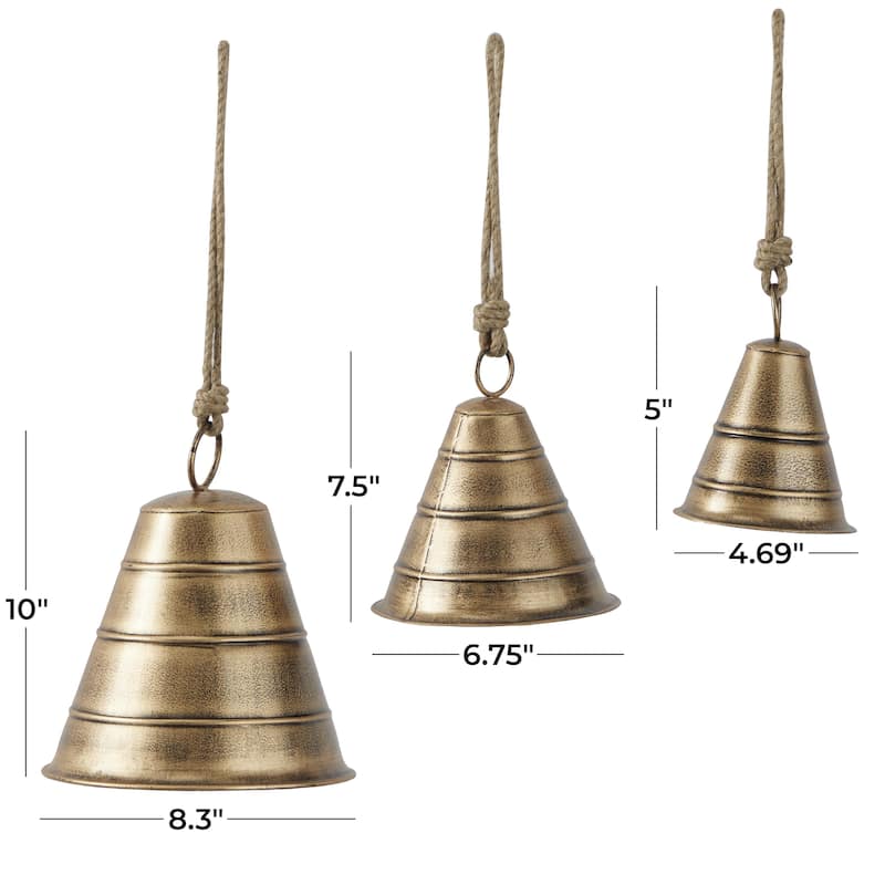 Metal Tibetan Inspired Decorative Cow Bells with Jute Hanging Rope - Set of 3 Black or Bronze - Roche River Decor