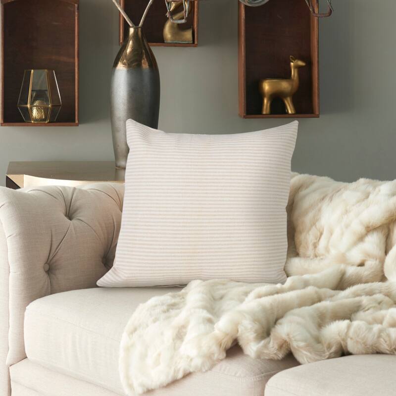 Handwoven Striped Embroidered Cotton Throw Pillow Cover - 20" - Beige and White
