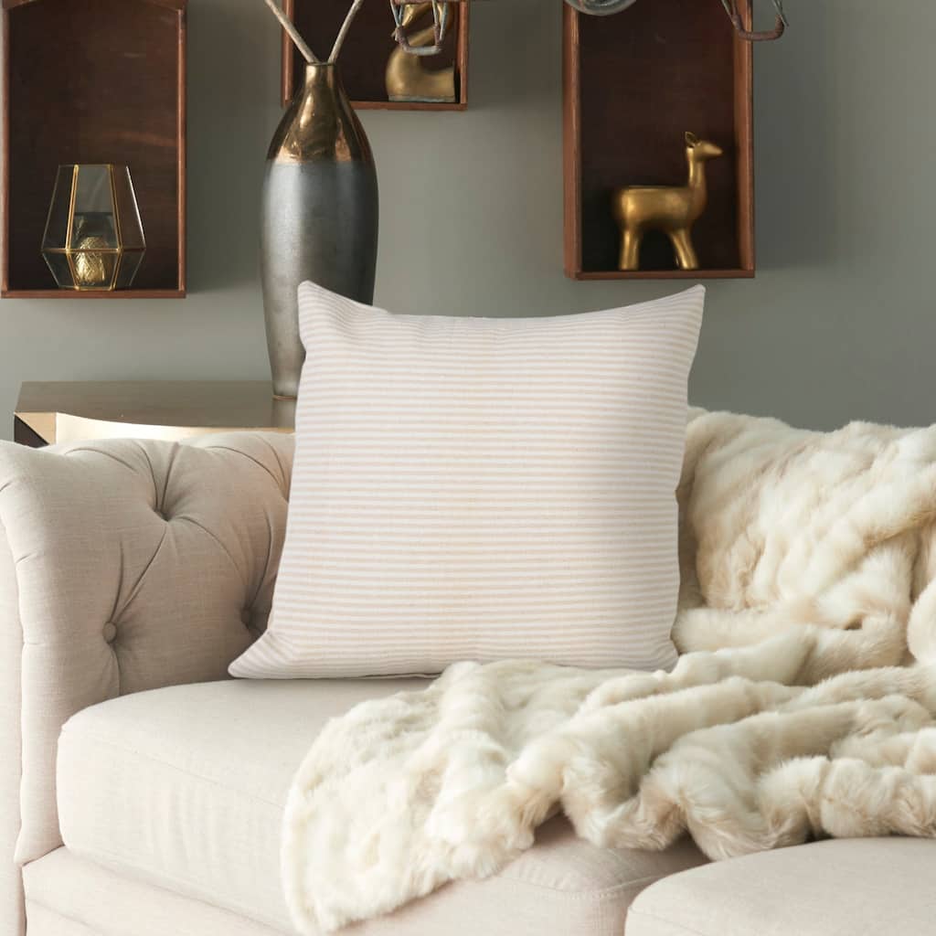 Handwoven Striped Embroidered Cotton Throw Pillow Cover - 20" - Beige and White