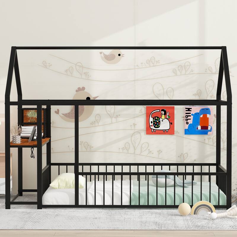 Twin Size Metal House Platform Bed Frame with Built-In Desk, USB Charging And Storage Shelves