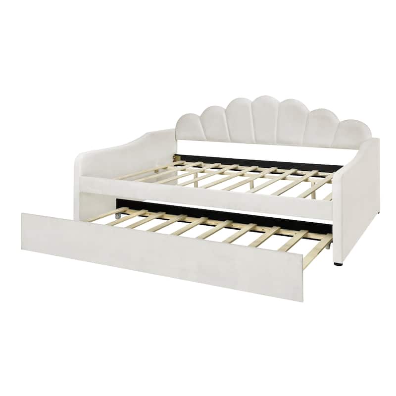 Full Size Upholstery Daybed Frame with Shall Shaped Backrest and Trundle, Beige