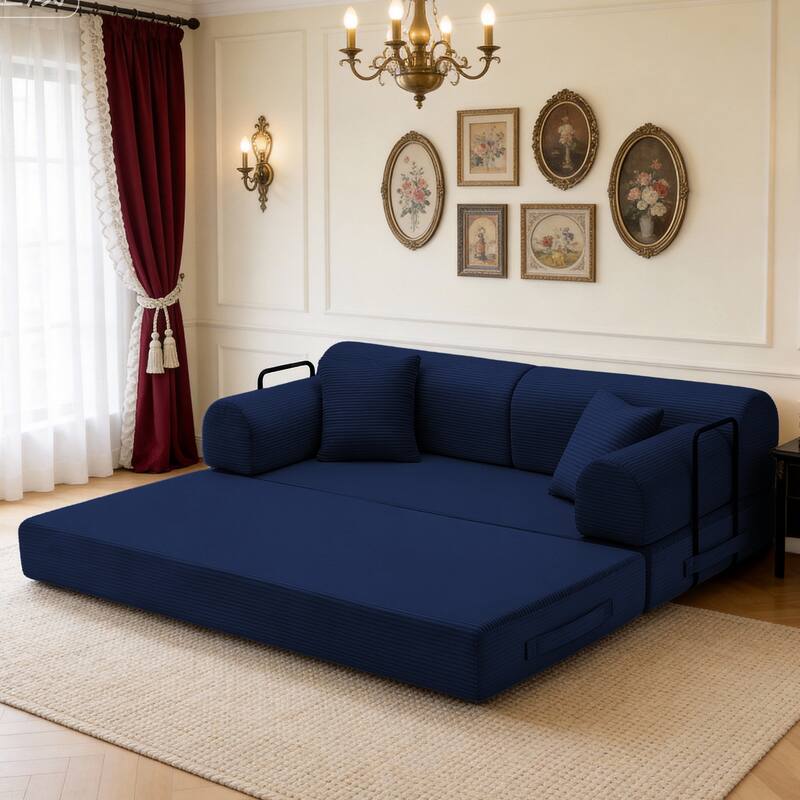 Blue Convertible Sofa Bed Multifunctional Folding Sofa Couch Living Room 3-Seater Sofa Couch Settee