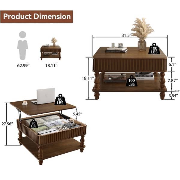 dimension image slide 6 of 11, Modern Solid Wood Veneered Round/Oval/Rectangular Coffee Tea Table with Storage.
