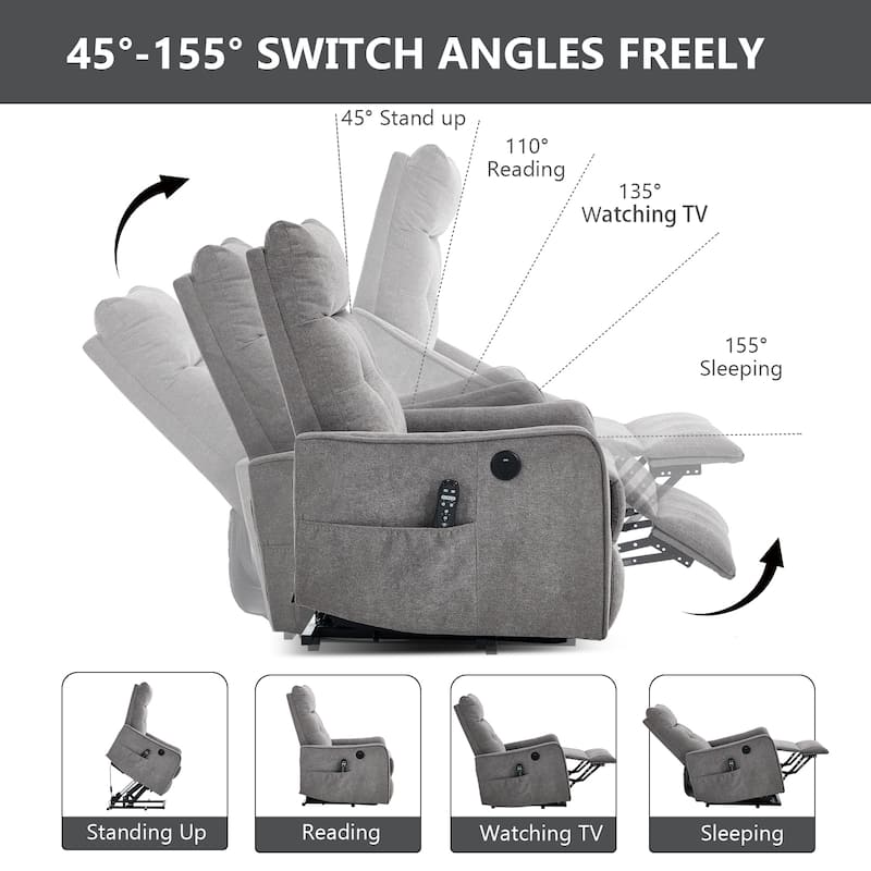 Single Motor Power Lift Recliner with USB Port and 155 Degree Recline
