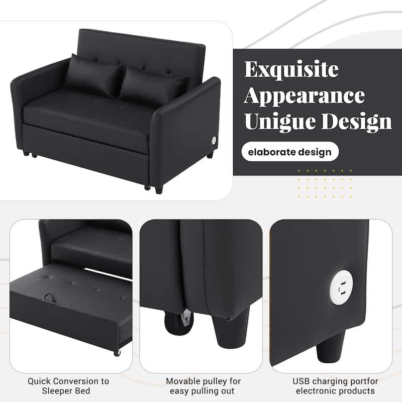Convertible Sleeper Sofa Bed, 3-in-1 Adjustable Sofa Bed with USB Ports, Upholstered Loveseat Sofa with Armrest